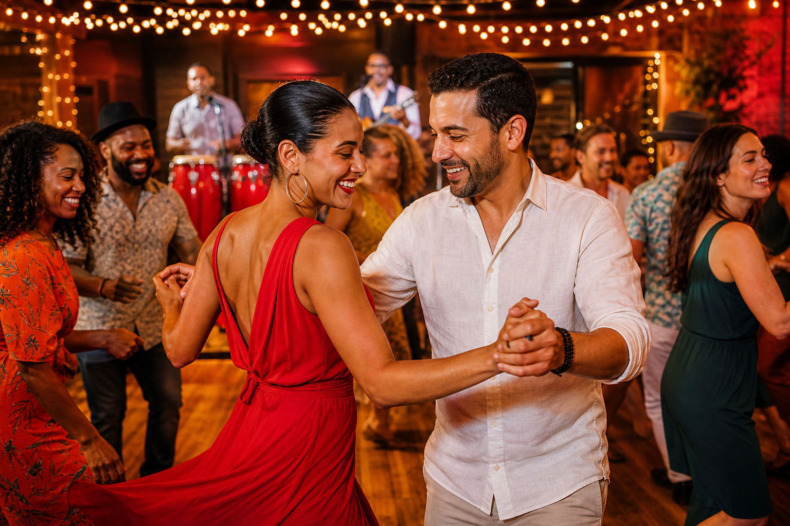 Charity social event guests enjoying salsa-led dancing and music