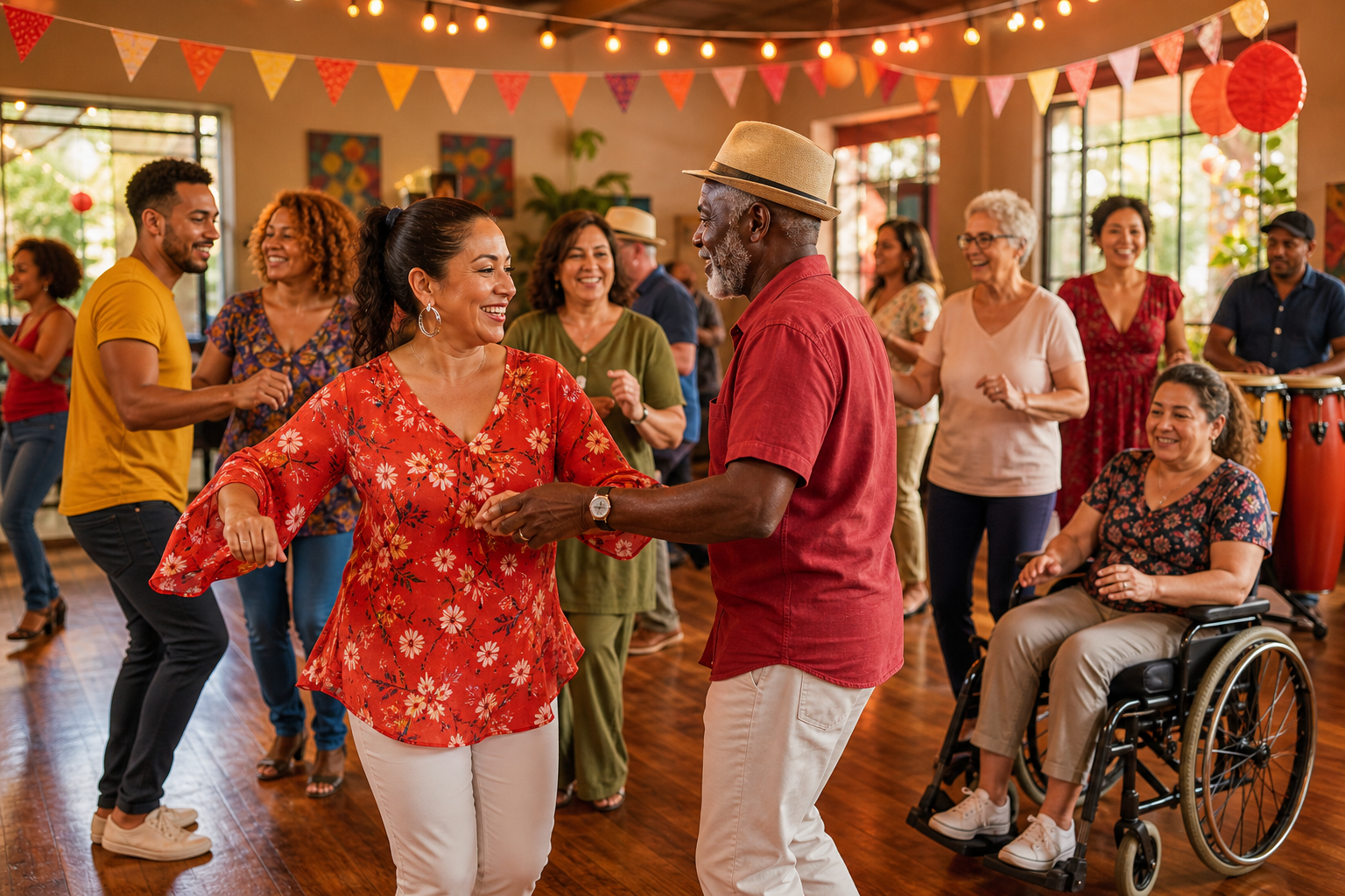 Inclusive community group enjoying salsa-led movement and music