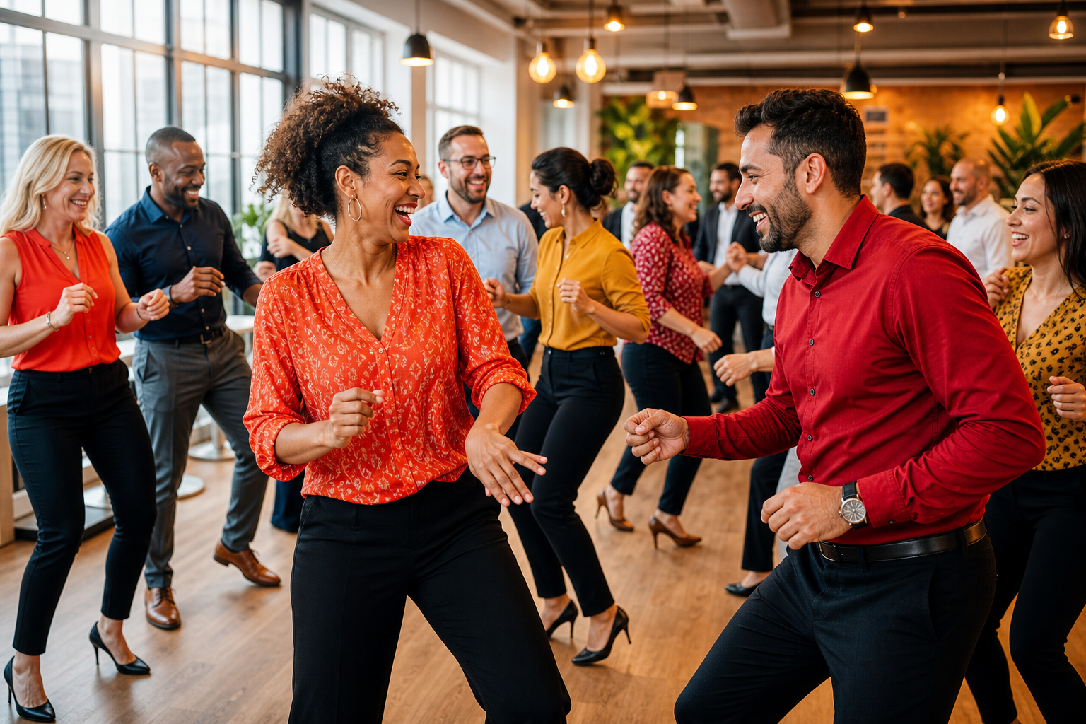 Corporate team building group enjoying salsa-led movement and music