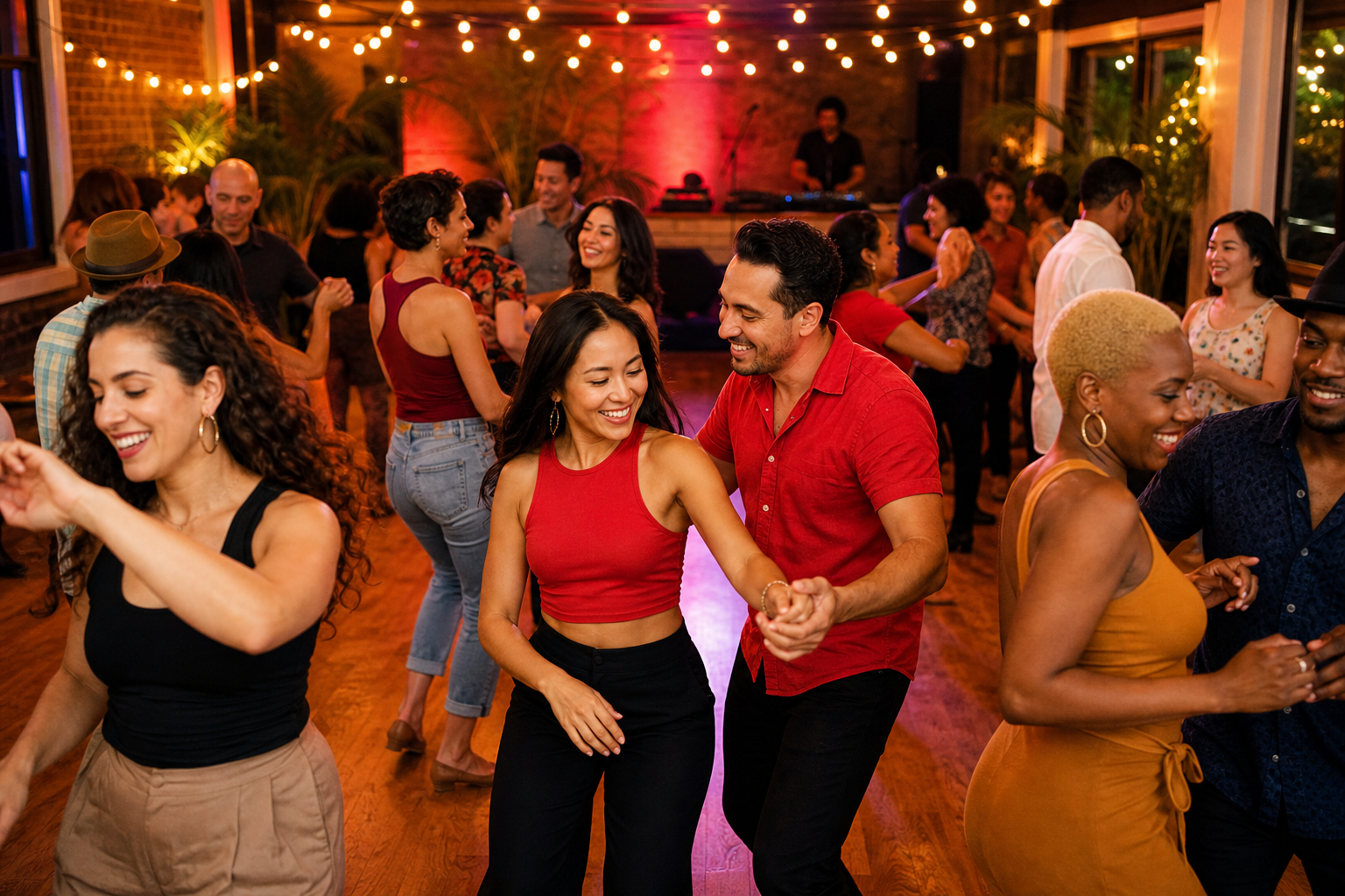 Friendly salsa social night with people dancing and connecting