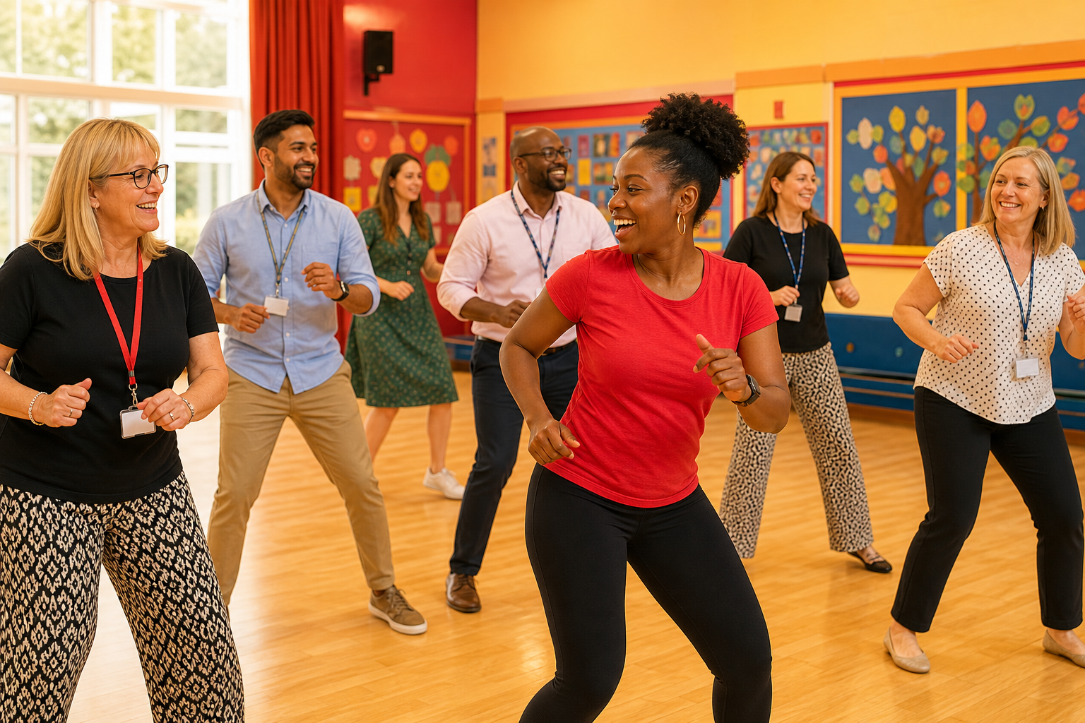 School staff taking part in an inclusive salsa-led INSET wellbeing activity