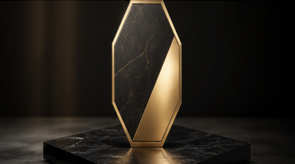 Polished black and gold octagonal asset representing brand value.
