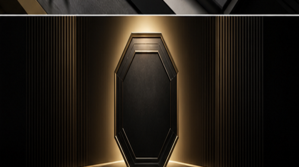 Black and gold octagonal form representing brand protection.