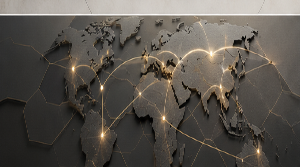 Abstract global growth route map in black and gold.