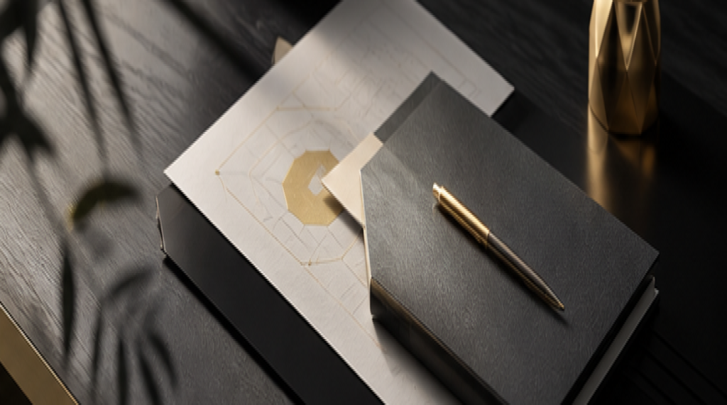 Premium abstract consultancy workspace with gold document details.