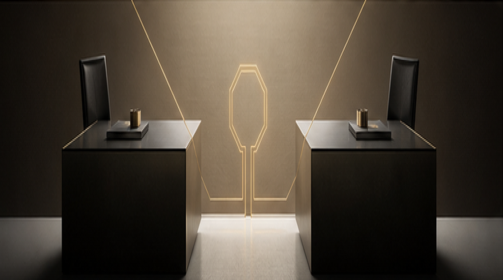 Two refined consultation desks linked by a gold line.