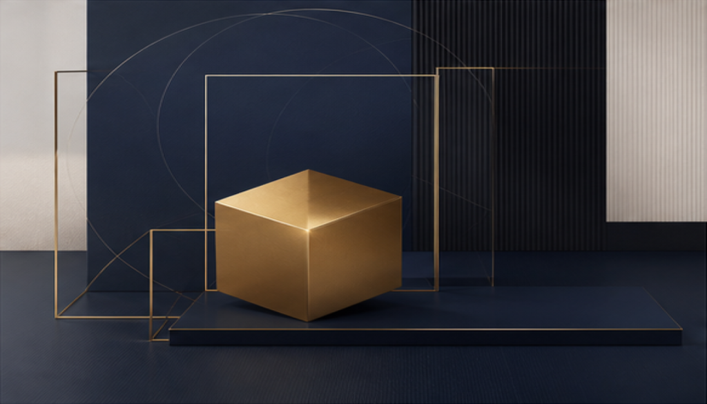 Premium gold cube in geometric frame representing established brand reputation.