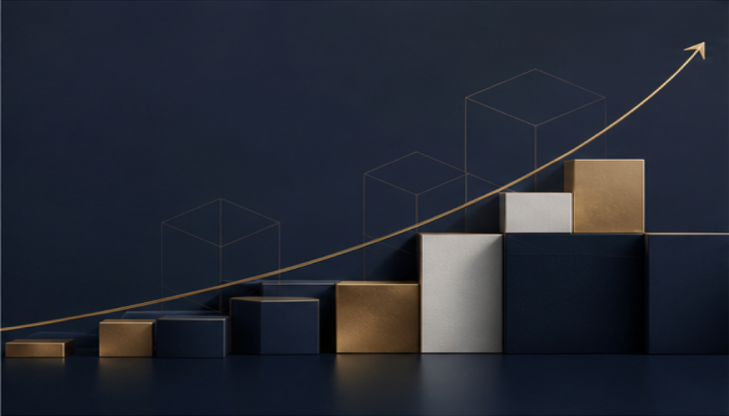 Gold growth line and premium blocks representing business expansion and brand protection.