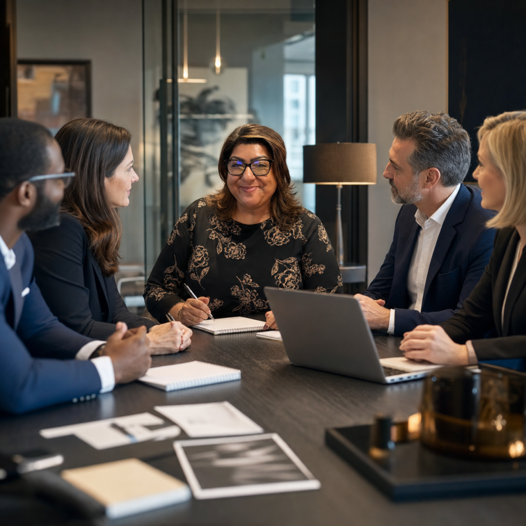 Mandy Grewal in a boardroom meeting with business executives.
