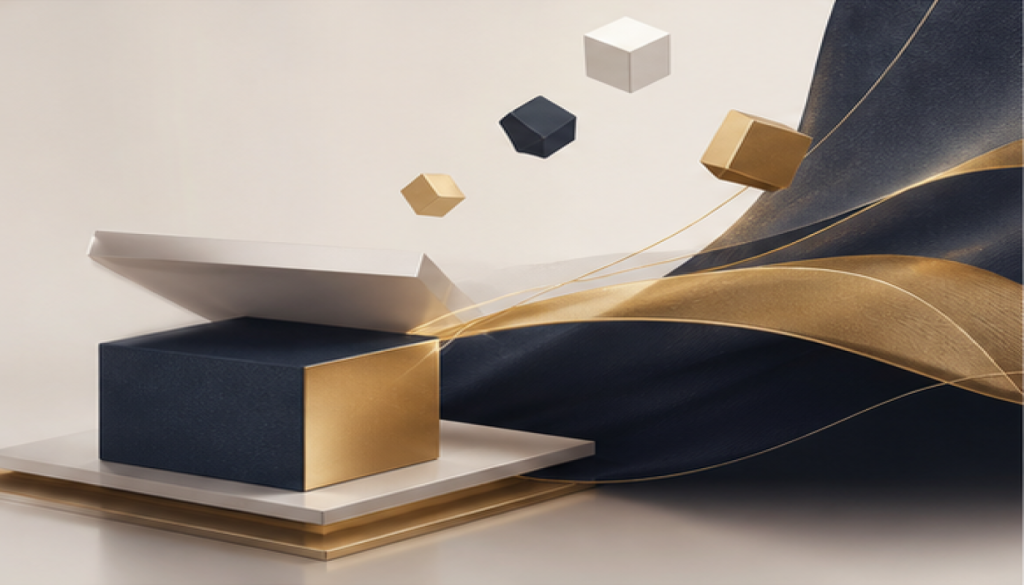 Open premium box with gold geometric elements representing a brand launch.