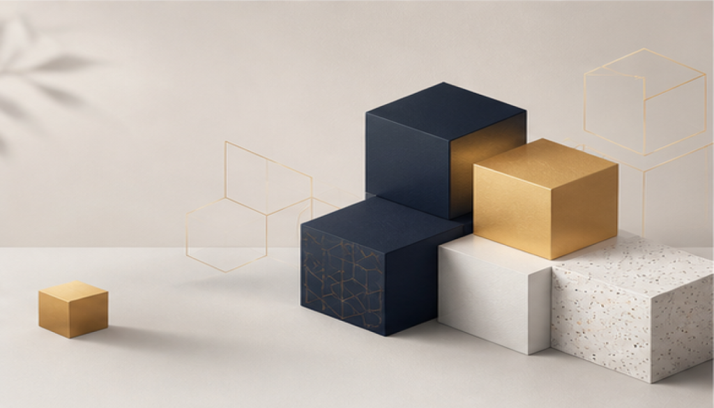 Abstract navy and gold cubes representing a recognisable small business identity.
